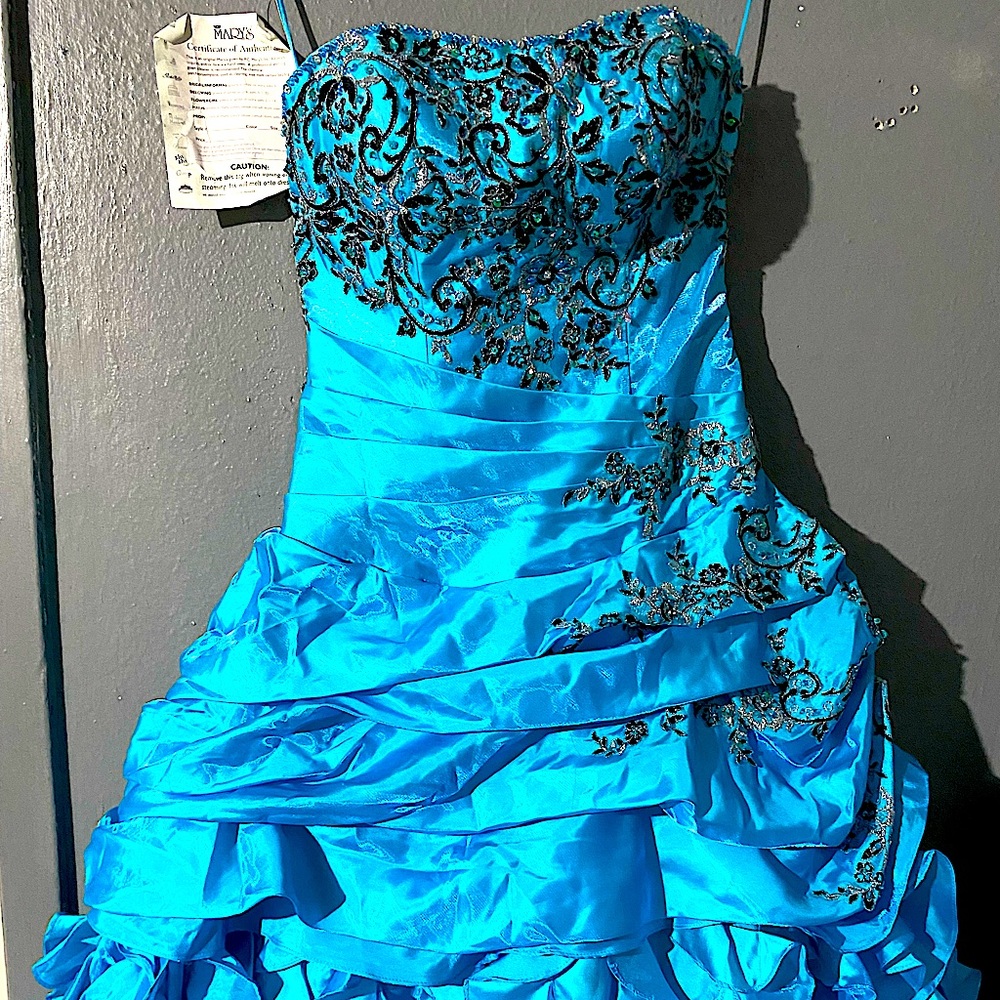 Strapless Ocean blue with Black Embroidery BALL GOWN